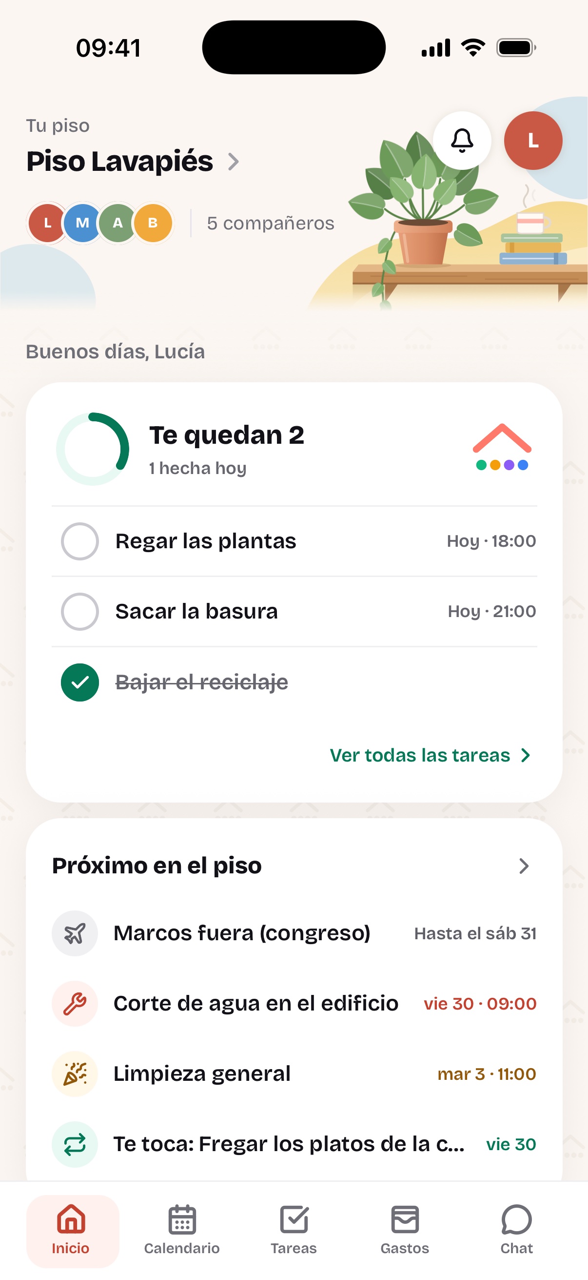 El Inicio de Roomie: te quedan 2 tareas hoy, lo próximo del piso y la barra de pestañas